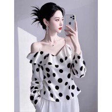 批发2025超火露肩白色<b class='q'>波点</b>雪纺<b class='q'>衬衫</b>女早春新款法式气质超好看收腰<b class='q'>衬衣</b>