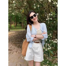 批发蓝色短款棉麻长袖防晒衬衫女春秋薄款外搭罩衫高级感衬<b class='q'>衣外套</b>上衣