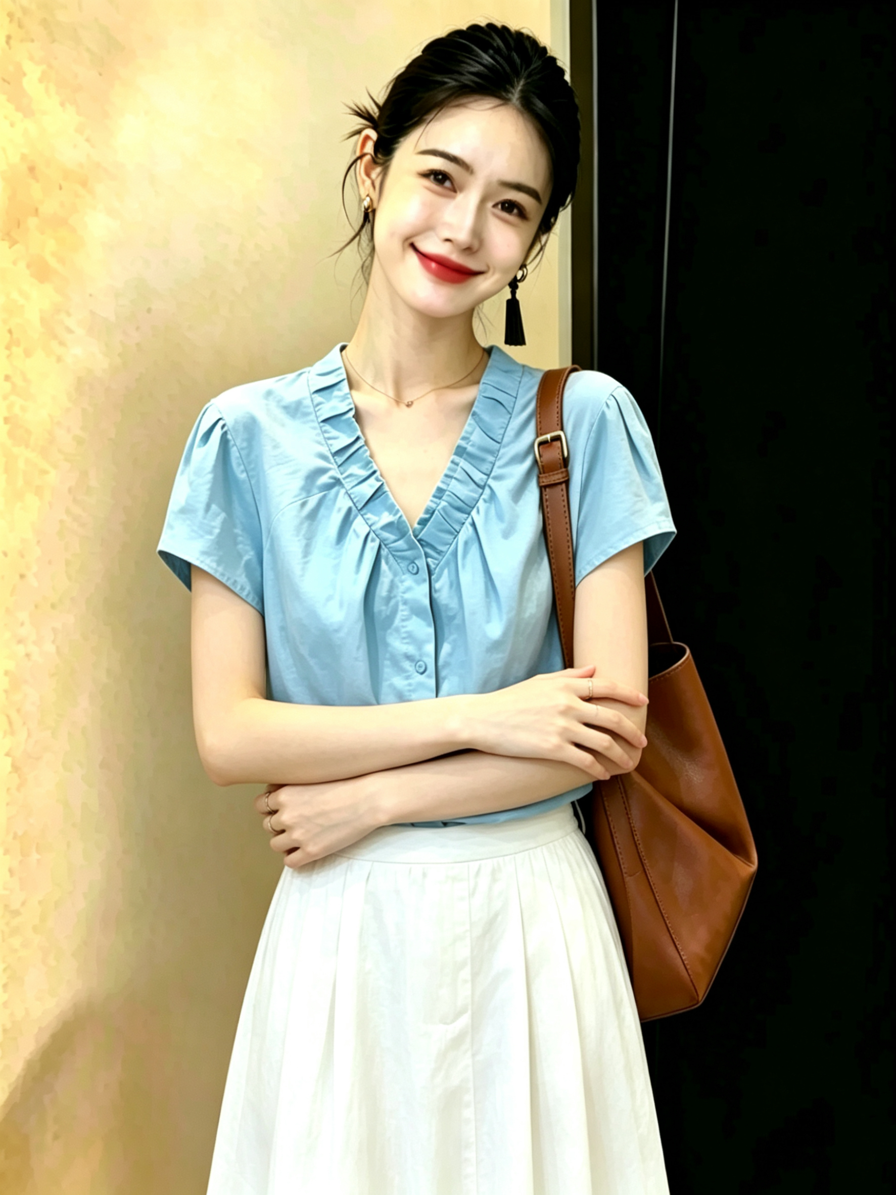 chao 수준 추천 색상 슈퍼 아름다움 하늘 블루 디자인 센스 V넥 Feifei 소매 아마 여성 셔츠 여름 맨위
