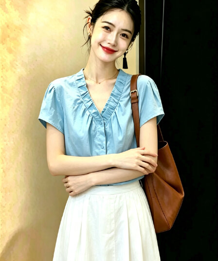 chao 수준 추천 색상 슈퍼 아름다움 하늘 블루 디자인 센스 V넥 Feifei 소매 아마 여성 셔츠 여름 맨위