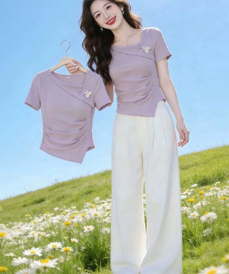 보라색 광장 칼라 꽃 펌프 Pleat 몸매 가꾸기 반팔 티셔츠 여성 2026 여름 고유 한 아름다운 표지 배 슬림해 보이는 맨위