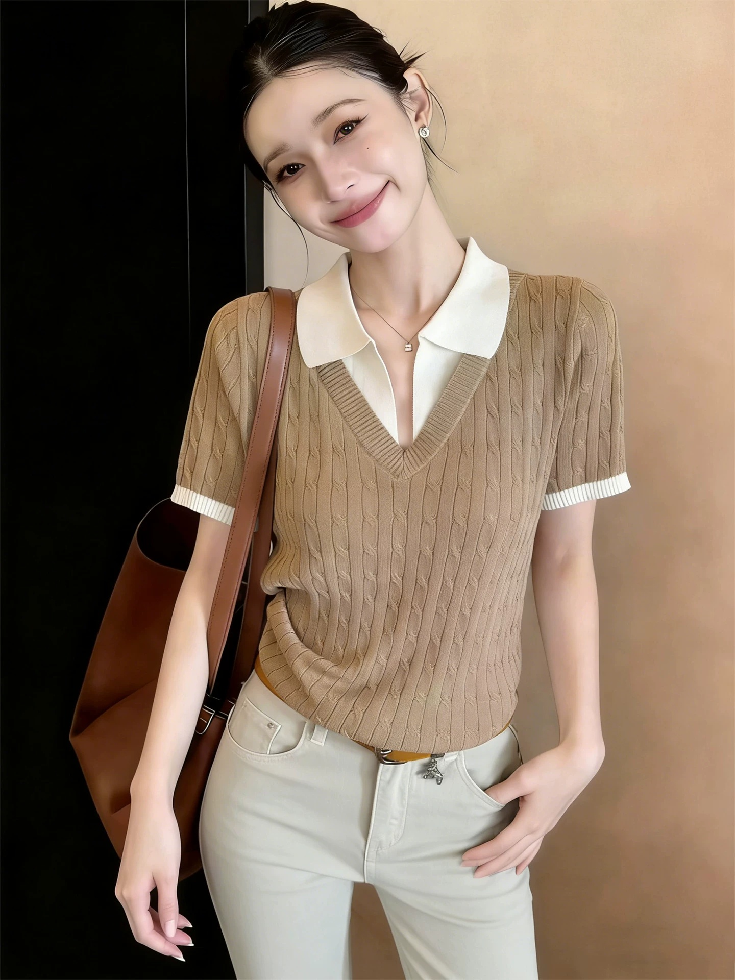 프랑스식 POLO 칼라 카키 색 페이크 레이어드 반팔 티셔츠 여성 여름 고유 한 아름다운 자이언트 잘 생긴 ~ 중 니트 맨위