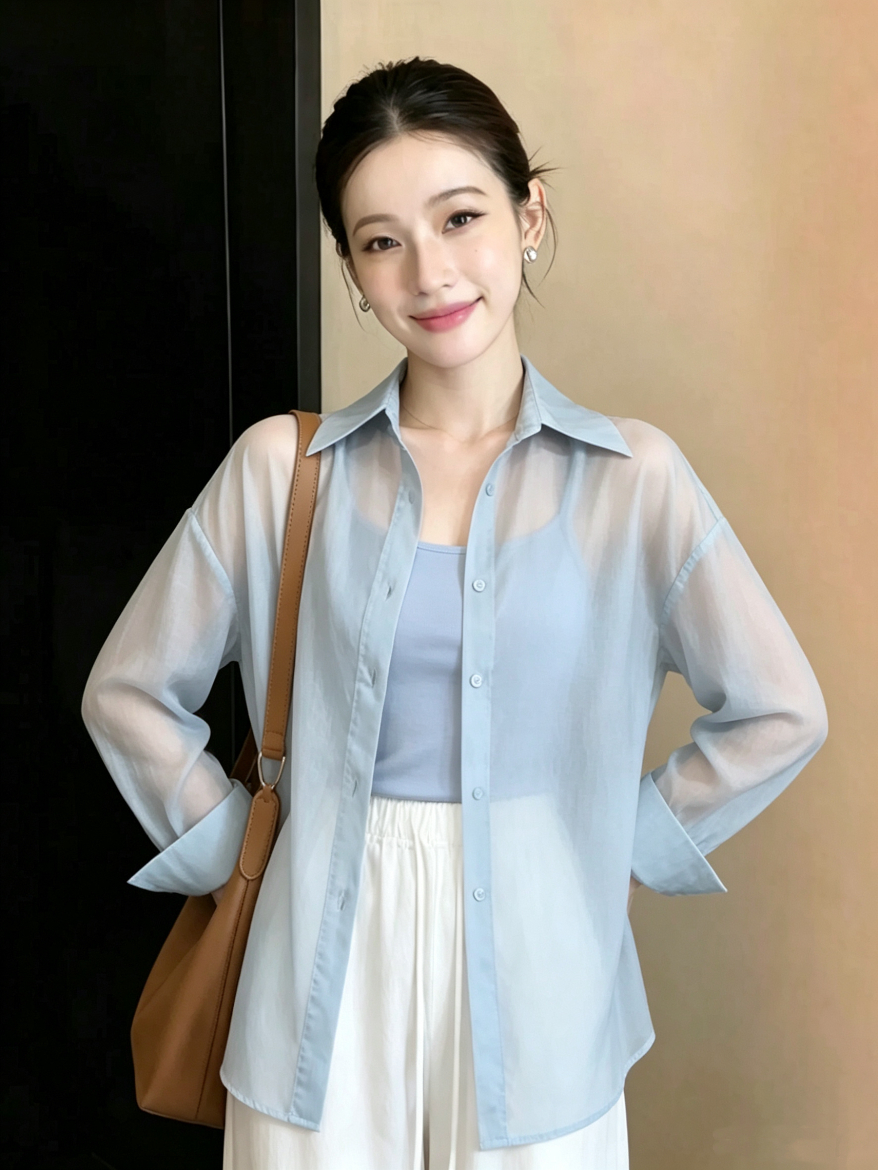 한 부서 파란색 주간 실크 POLO 칼라 자외선 차단 셔츠 여성 코트 여름 작은 키 외부 가져 가라. Tulle 에어컨 셔츠 맨위