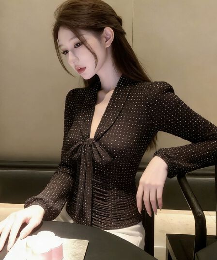 여름 프랑스식 사소한 디자인 센스 맨위 고급 센스 중요 경우 고유 한 아름다운 나비 매듭 도트 무늬 여성 셔츠