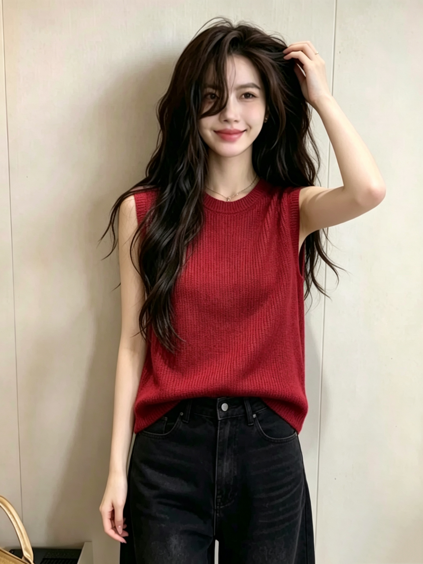 레트로 빨간색 오프숄더 민소매 니트 베스트 2026 새로운 세련된 외국 가스 작은 대중 디자인 도루 센스 어깨 맨위