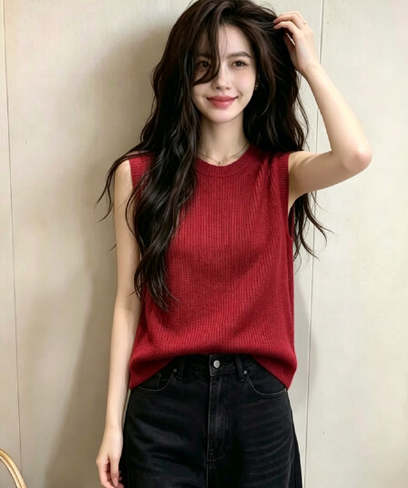레트로 빨간색 오프숄더 민소매 니트 베스트 2026 새로운 세련된 외국 가스 작은 대중 디자인 도루 센스 어깨 맨위