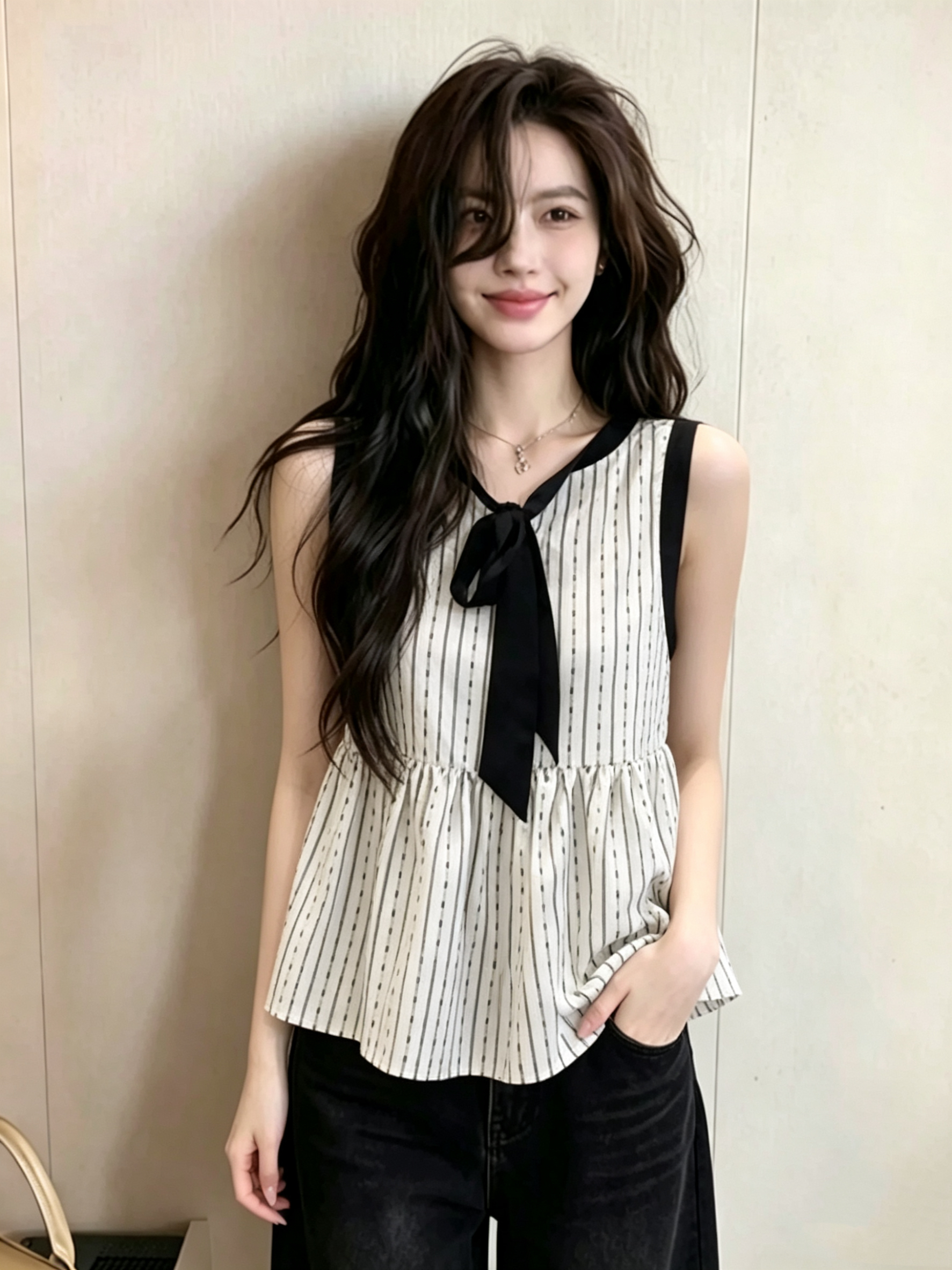 2026 여름 새로운 한 부서 레트로 라운드 넥 세로 줄무늬 레이스업 민소매 조끼 여성 외국 가스 한 부서 chic 맨위