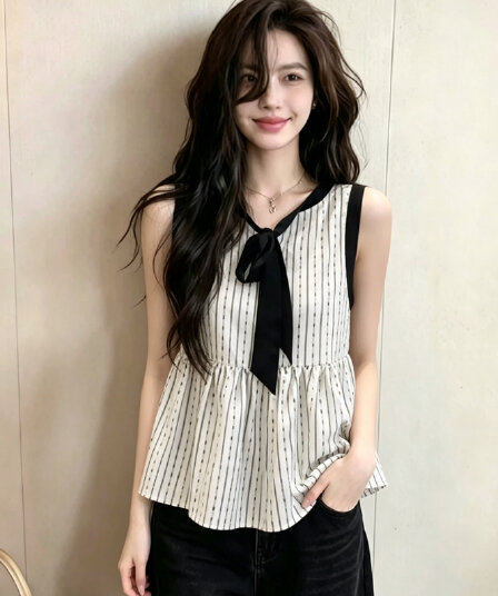 2026 여름 새로운 한 부서 레트로 라운드 넥 세로 줄무늬 레이스업 민소매 조끼 여성 외국 가스 한 부서 chic 맨위