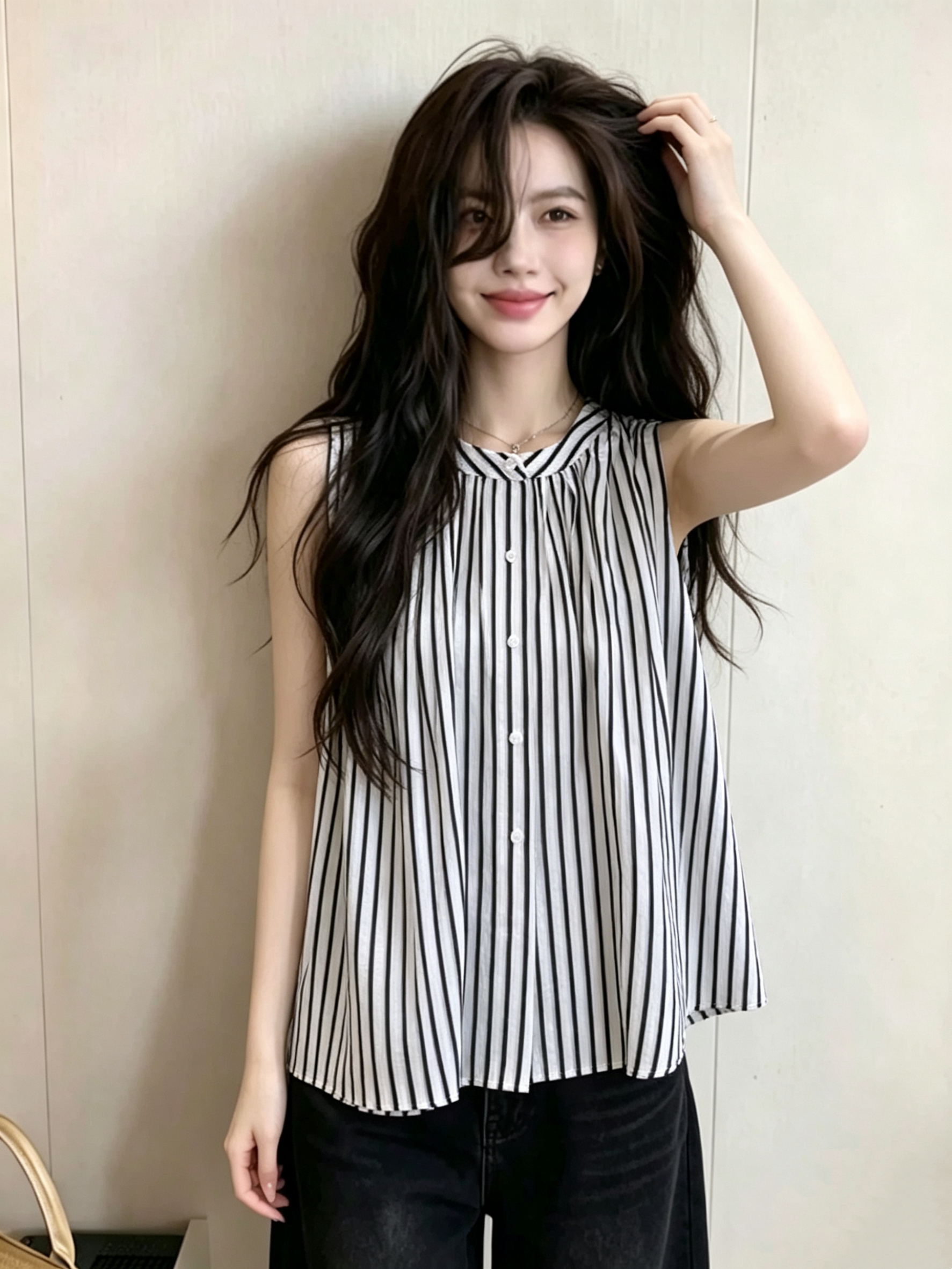 레트로 문예 바람 흑인과 백인 세로 줄무늬 민소매 면 린넨 셔츠 조끼 여성 새로운 여름 셔츠 휴가 바람 맨위