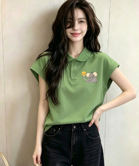 올해 인기 ~ 중 폴로 칼라 녹색 아기 코끼리 티셔츠 여성 여름 2026 새로운 도파민 착용 가져 가라. 외국 가스 빅 사이즈 맨위