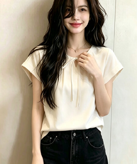 프랑스식 부드러운 바람 레이스업 나비 매듭 V넥 반팔 티셔츠 여성 자이언트 잘 생긴 고유 한 품격 슬림해 보이는 연령 감소 맨위