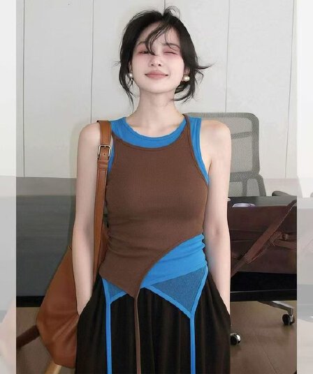 아메리칸 달콤한 핫걸 배색 패치워크 페이크 레이어드 캐미솔 외출용 자이언트 잘 생긴 몸매 가꾸기 민소매 맨위 여름