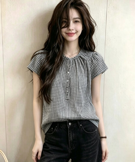 프랑스식 Chic 흑인과 백인 체크무늬 작은 날다 소매 반팔 여성 셔츠 여름 디자인 센스 쇼트 스타일 인형 셔츠 긍정적 인 어깨 의류