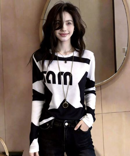 작은 키 한 부서 배색 긍정적 인 어깨 긴팔 티셔츠 여성 여름 착용 가져 가라. 디자인 센스 고유 한 아름다운 그레이트 봐. 의류