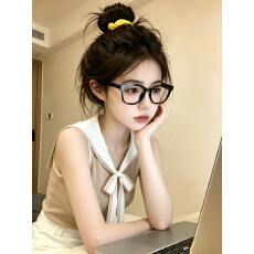 批发设计感海军领无袖针织上衣小个子修身冰丝短袖正肩女t恤夏季