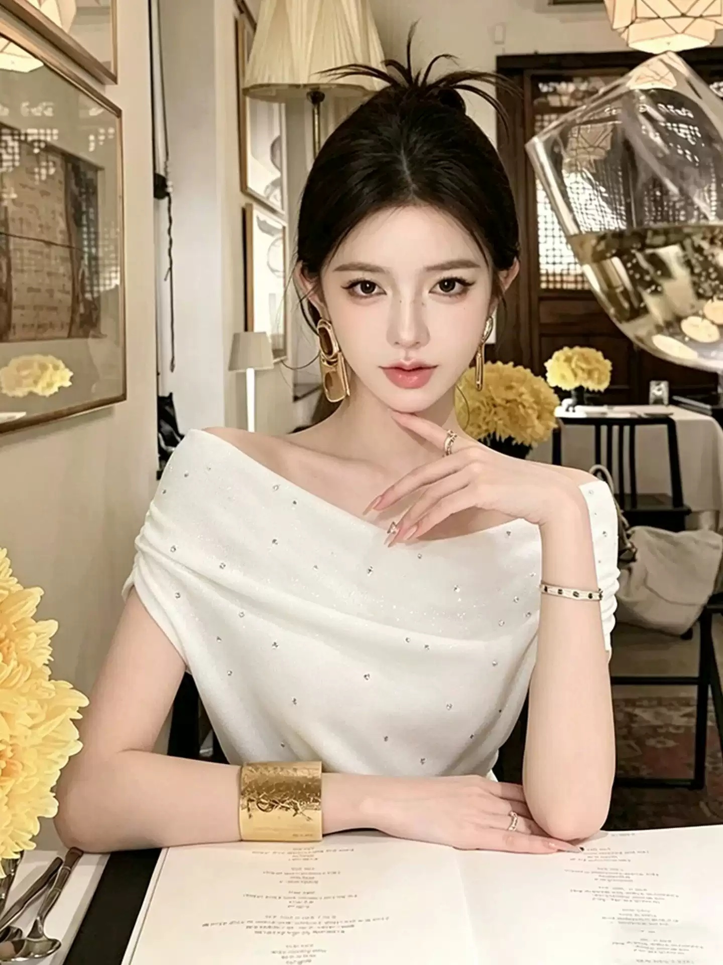 디자인 센스 고유 한 아름다운 화이트 핫픽스 비스듬한 어깨 의류 2026 여름 새로운 프랑스식 사소한 Chic 여성 셔츠