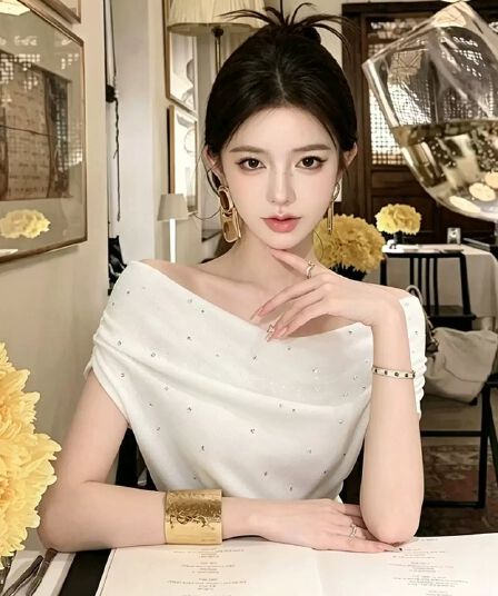 디자인 센스 고유 한 아름다운 화이트 핫픽스 비스듬한 어깨 의류 2026 여름 새로운 프랑스식 사소한 Chic 여성 셔츠