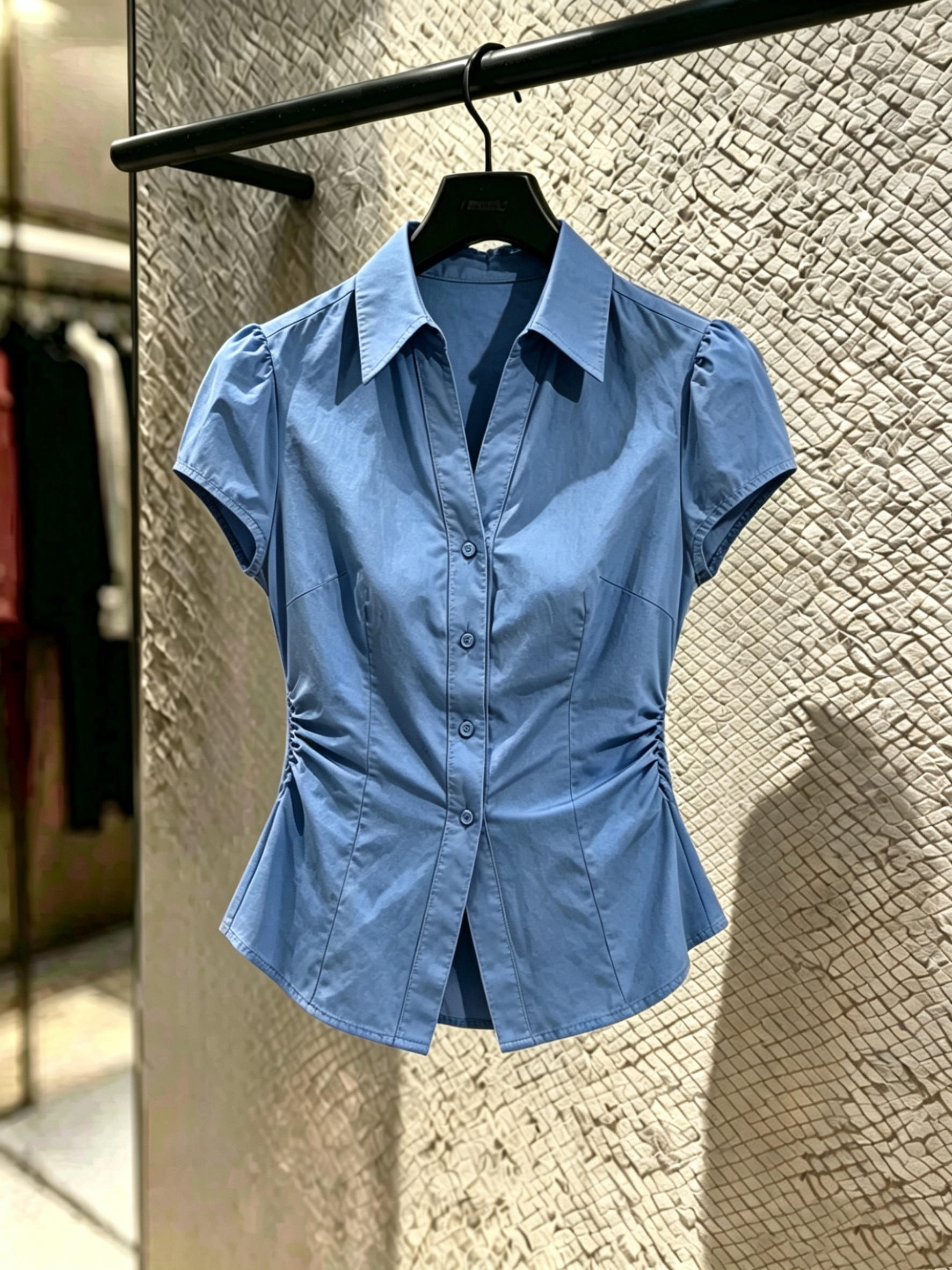 프랑스식 Chic 파란색 POLO 칼라 반팔 여성 셔츠 여름 작은 키 쇼트 스타일 몸매 가꾸기 허리 수축 작은 셔츠 맨위 얇은