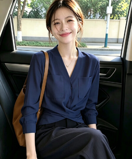 출퇴근 바람 블루 색상 긴팔 여성 셔츠 2026 새로운 고유 한 자이언트 잘 생긴 ~ 중 디자인 센스 허리 수축 슬림해 보이는 맨위