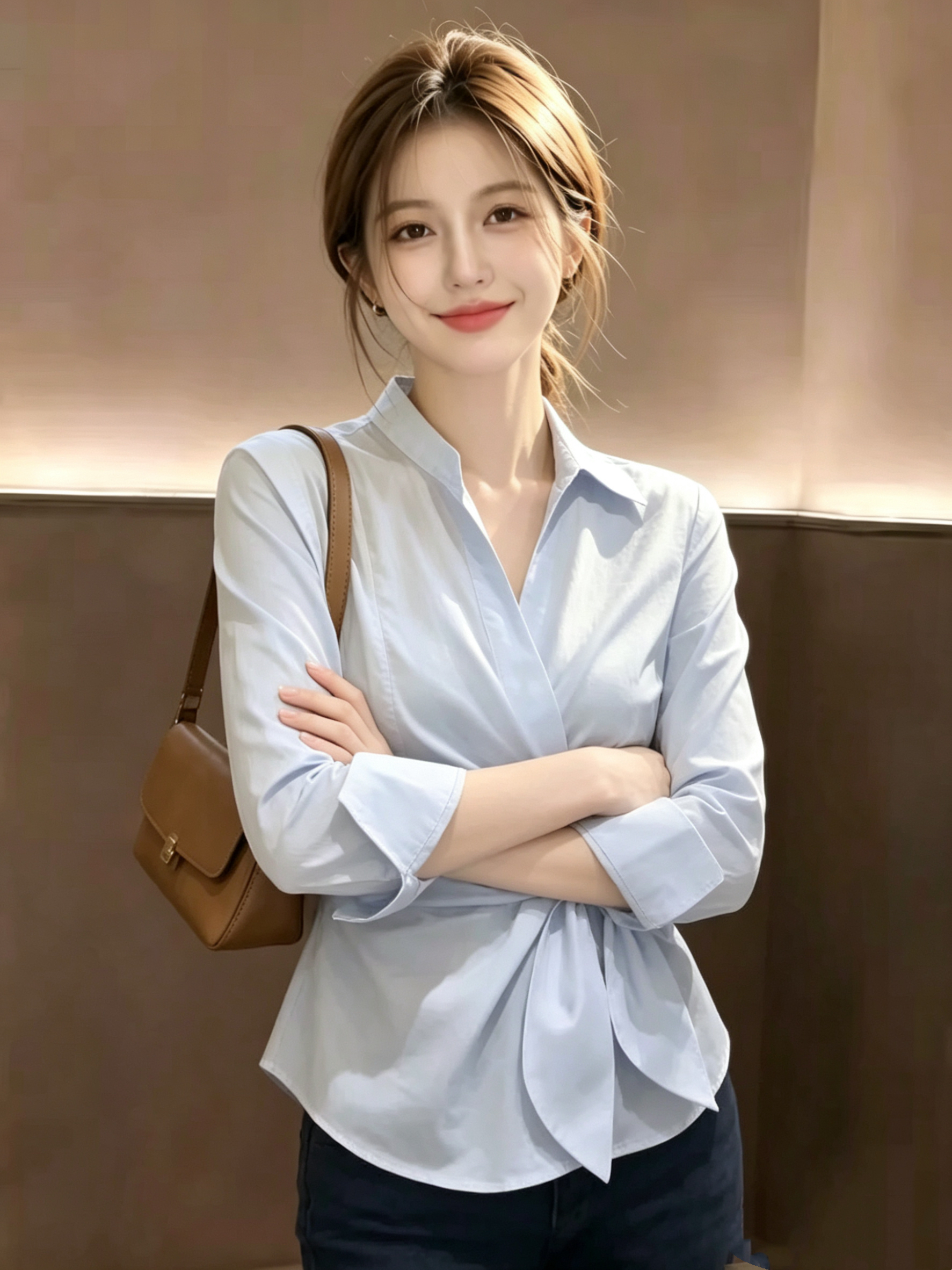 한 부서 품격 파란색 폴로 칼라 허리 수축 스트랩 여성 셔츠 여름 외부 가져 가라. 자외선 차단 셔츠 슈퍼 잘 생긴 긴팔 맨위