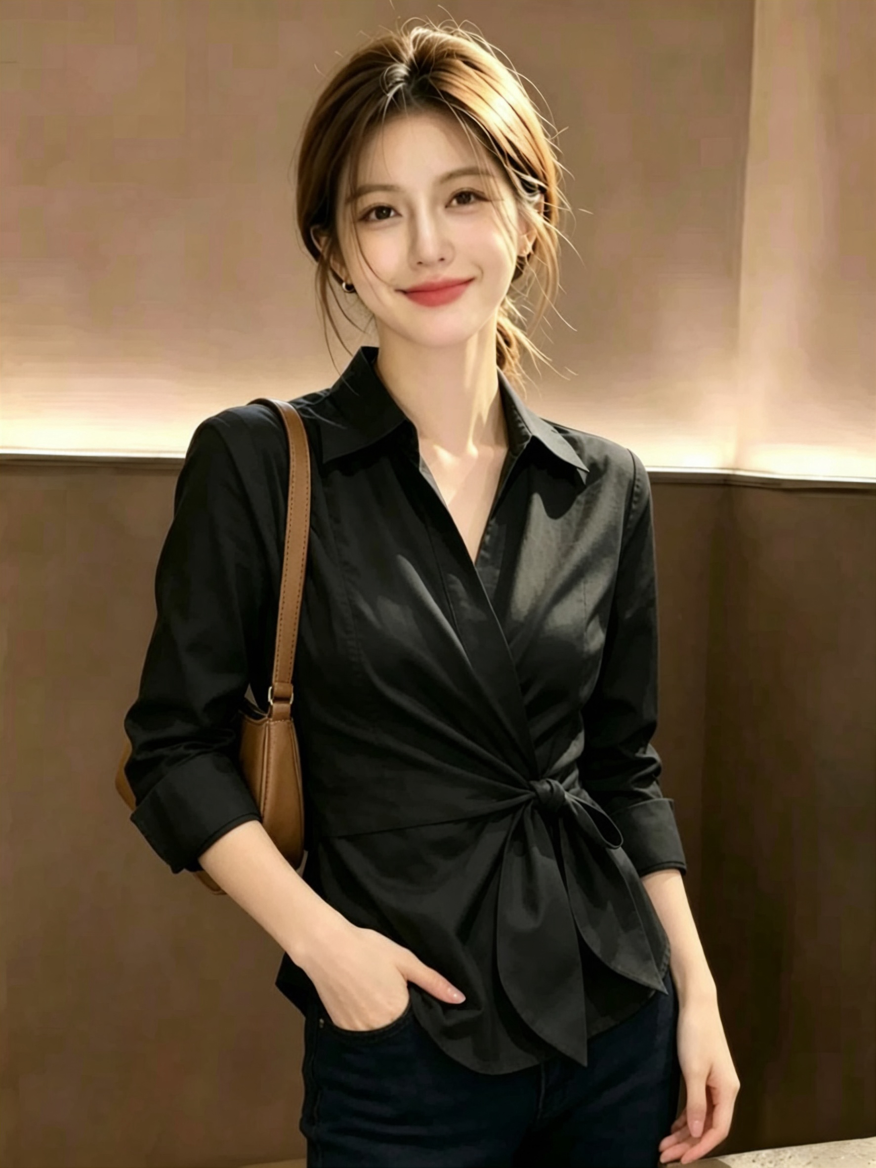 한 부서 품격 검정색 폴로 칼라 허리 수축 스트랩 여성 셔츠 여름 외부 가져 가라. 자외선 차단 셔츠 슈퍼 잘 생긴 긴팔 맨위