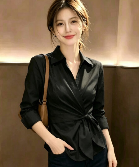 한 부서 품격 검정색 폴로 칼라 허리 수축 스트랩 여성 셔츠 여름 외부 가져 가라. 자외선 차단 셔츠 슈퍼 잘 생긴 긴팔 맨위