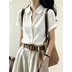 批发亚麻短袖白衬衫女夏收腰衬衣<b class='q'>日系</b>通勤穿搭女装轻熟风无袖棉麻上衣