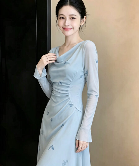 낭만주의 프랑스식 흔들다 칼라 리본 헤일로 염색 프린트 드레스 디자인 센스 고유 한 아름다운 아름다운 꼬집기 허리 한 마디 롱 스커트