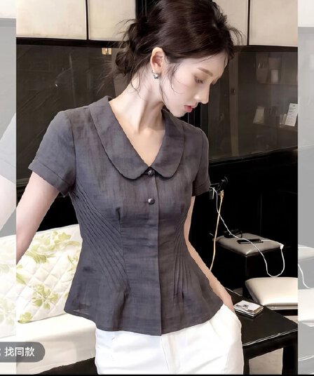 2026 여름 한국 스타일 작은 대중 베이비 칼라 허리 수축 여성 셔츠 어두운 회색 다용도 캐주얼 바람 외국 가스 품격 맨위