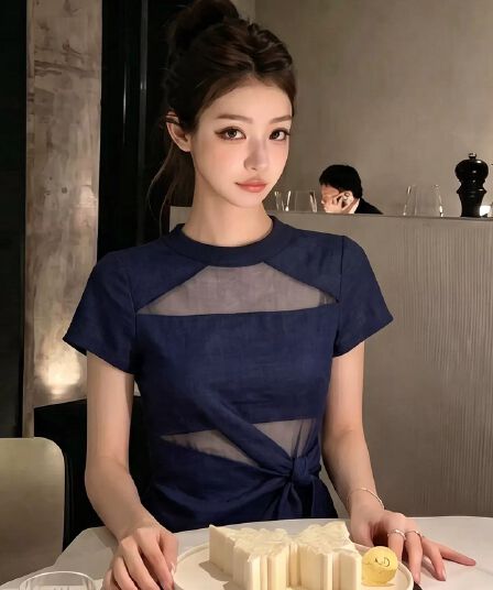 프랑스식 품격 블루 색상 망사 패치워크 붕대 반팔 여성 셔츠 여름 고유 한 아름다운 고급 센스 아름다운 맨위