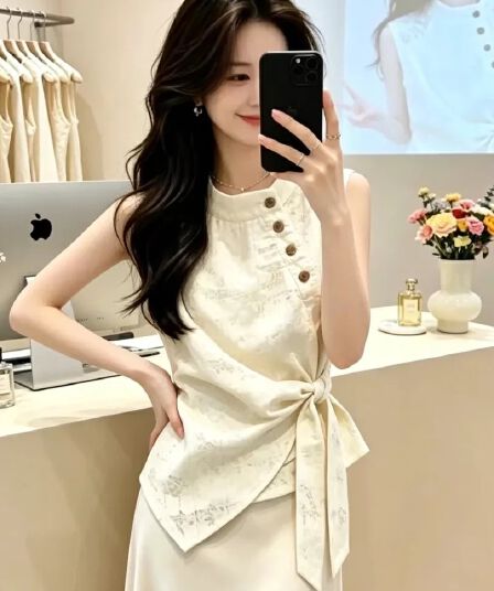 패션 스탠드 칼라 여성 셔츠 여름 새로운 외국 가스 민소매 스트랩 허리 수축 슬림해 보이는 다용도 품격 출퇴근 맨위 트렌디