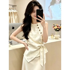 批发时尚立领衬衫女夏季新款洋气无袖绑带收腰显瘦百搭气质通勤上衣潮