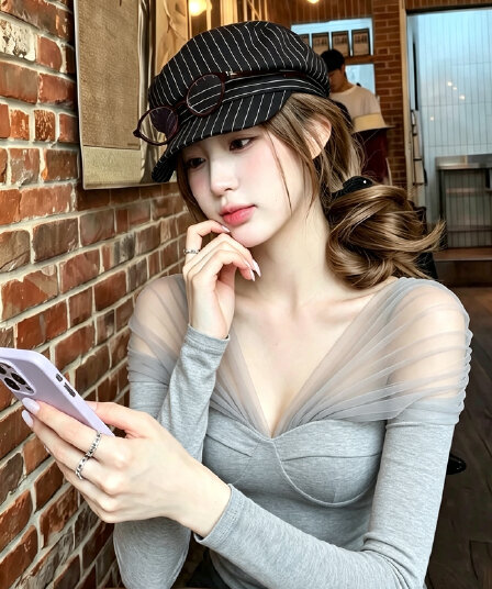 고급 센스 레트로 스타일 어두운 회색 망사 패치워크 V넥 긴팔 티셔츠 여성 봄 섹션 미니멀리즘 다용도 몸매 가꾸기 작은 셔츠