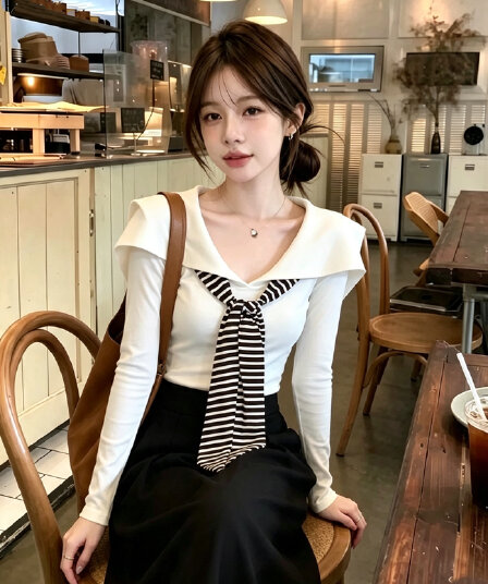 레트로 해군 칼라 스트라이프 긴팔 티셔츠 여성 가을 겨울 새로운 몸매 가꾸기 V넥 기본 셔츠 패션 연령 감소 맨위