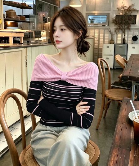 가을 겨울 한 부서 오프숄더 스트라이프 패치워크 색상 스웨터 니트 기본 셔츠 여성 인사이드 가져 가라. 몸매 가꾸기 슬림해 보이는 긴팔 맨위