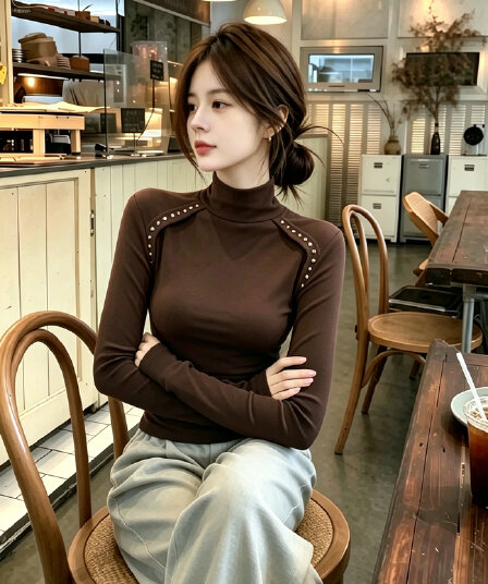 가을 겨울 고유 한 슈퍼 잘 생긴 커피 색상 터틀넥 De 플러시 기본 셔츠 여성 인사이드 가져 가라. 디자인 센스 몸매 가꾸기 아름다운 긍정적 인 어깨 의류