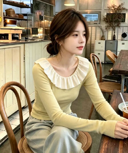 와 성별 작은 청신 달콤한 스타일 밝은 녹색 맨위 여성 레저 바람 몸매 가꾸기 슬림해 보이는 프릴 맨위 작은 대중 가을