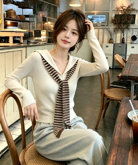 2026 새로운 해군 칼라 스트라이프 숄 긴팔 니트 스웨터 여성 가을 디자인 센스 슬림해 보이는 품격 다용도 맨위