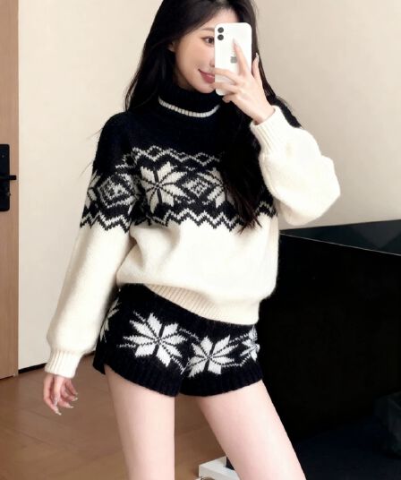 한 부서 전체 집합 깊은 겨울 착용 가져 가라. 학원 스타일 검정색 터틀넥 스웨터 반바지 공정한 섬 니트 작은 샤넬 스타일 세트