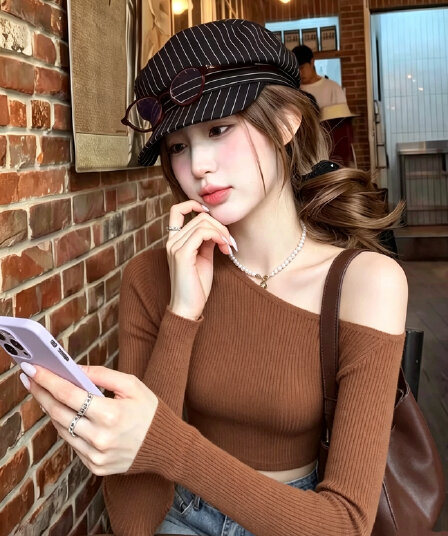 이른 가을 그레이트 과소 평가 요리 한 맨위 한 부서 부드러운 찹쌀 느긋한 바람 작은 대중 아니요 명중 섹션 출퇴근 커피 색상 비스듬한 어깨 니트 스웨터