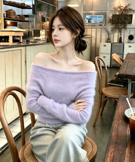 자이언트 잘 생긴 ~ 중 황색 모헤어 오프숄더 스웨터 여자 가을 겨울철 부드러운 찹쌀 우유 씽 하는 소리 인사이드 가져 가라. 니트 스웨터 맨위