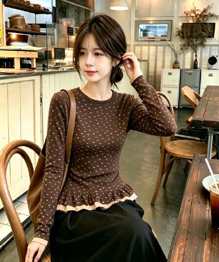 가을 겨울철 레트로 배색 패치워크 페이크 레이어드 연삭 털 기본 셔츠 여성 인사이드 가져 가라. 꽃무늬 긴팔 티셔츠 레이스 맨위