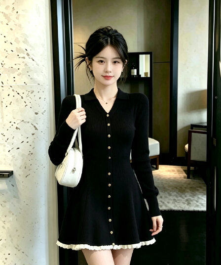 2026 가을 겨울 새로운 자이언트 잘 생긴 부유 한 가족 천 골드 miu 부서 빛 럭셔리 작은 대중 아니요 명중 섹션 검정색 니트 드레스