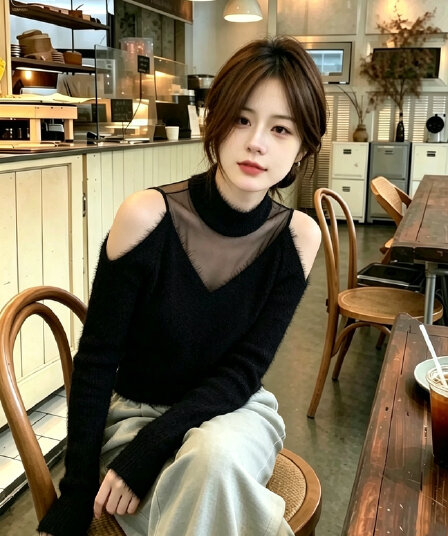가을 한 부서 아름다운 부드러운 찹쌀 느긋한 바람 다용도 맨위 품격 명문 여성 고급 센스 검정색 오프숄더 니트 스웨터