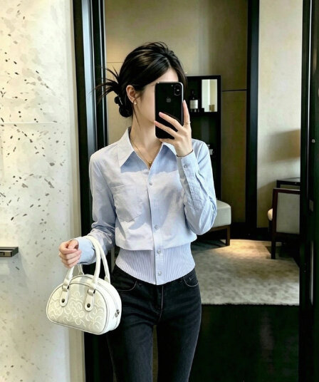 와 성별 캐주얼 출퇴근 바람 아기 블루 페이크 레이어드 맨위 여성 문예 바람 루즈핏 슬림해 보이는 맨위 다용도 2026 가을