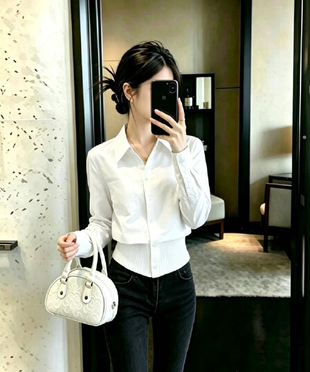 화이트 POLO 칼라 허리 수축 슬림해 보이는 긴팔 셔츠 셔츠 여성 2026 가을 프랑스식 사소한 아름다운 아름다운 맨위