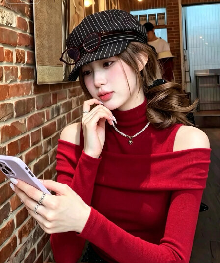 빨간색 작은 키 오프숄더 터틀넥 니트 기본 셔츠 여성 인사이드 가져 가라. 가을 겨울 고유 한 프랑스식 달콤한 핫걸 아름다운 맨위