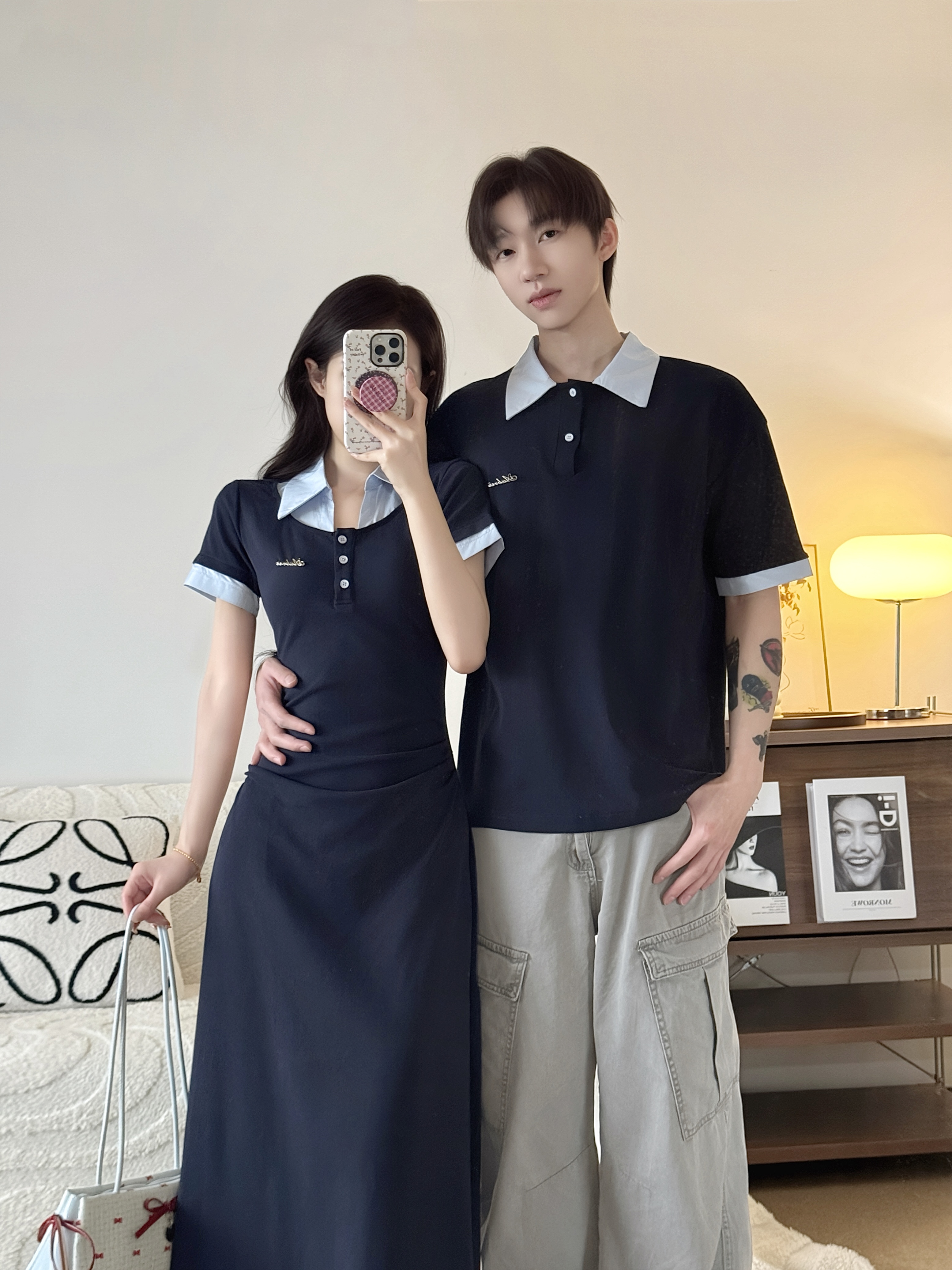 실사 프랑스식 캄파넬라 세과 학원 스타일 페이크 레이어드 여름 허리 수축 슬림해 보이는 디자인 센스 품격 롱 스커트 커플룩