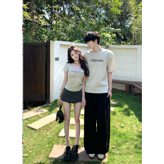 批发实拍美式复古辣妹短款收褶弧形<b class='q'>字母</b>印花系绳短袖情侣装