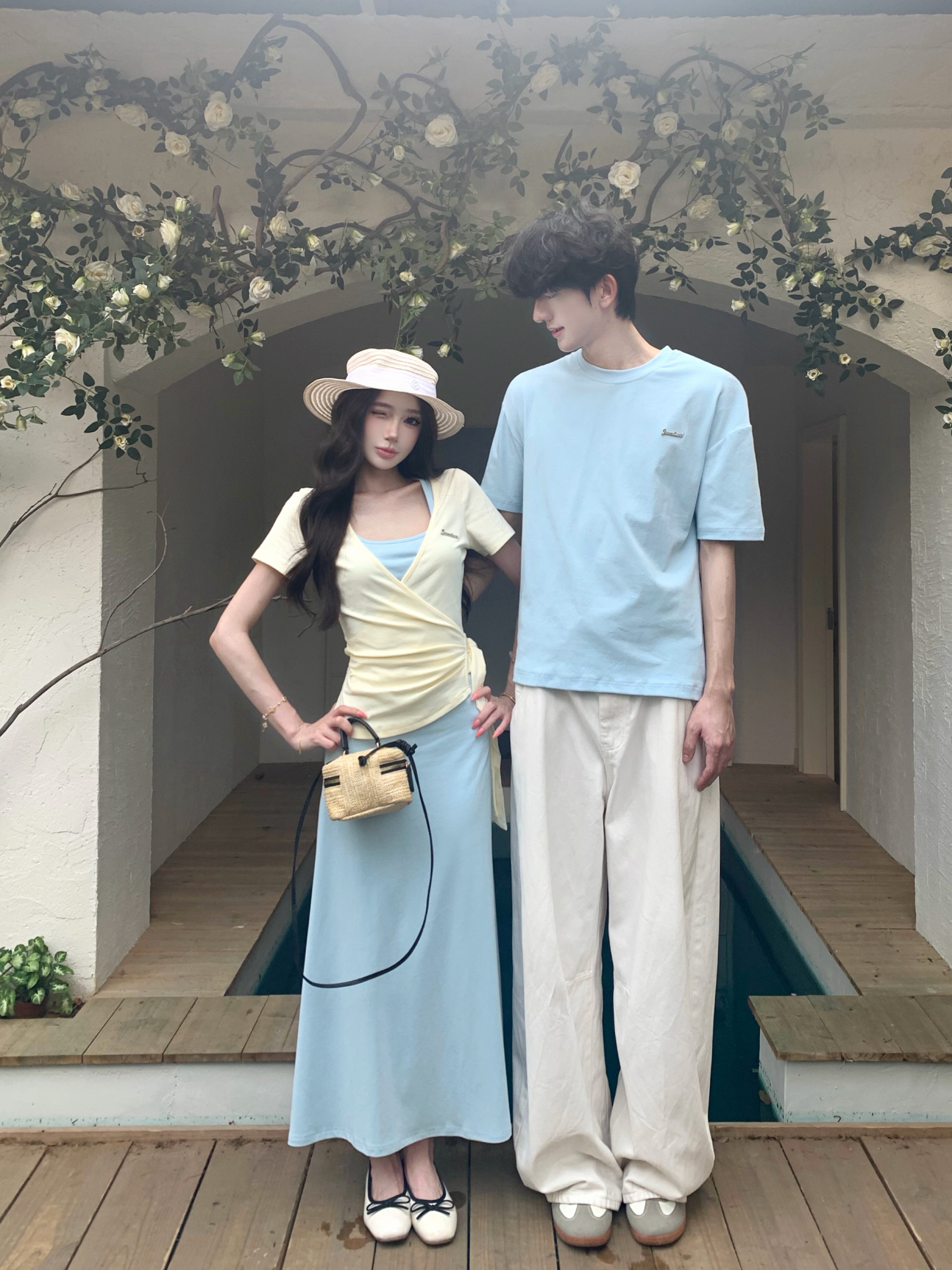 실사 프랑스식 품격 파란색 행침 목 슬립 드레스 아이들 여름 자이언트 잘 생긴 허리 수축 세트 롱 스커트 커플